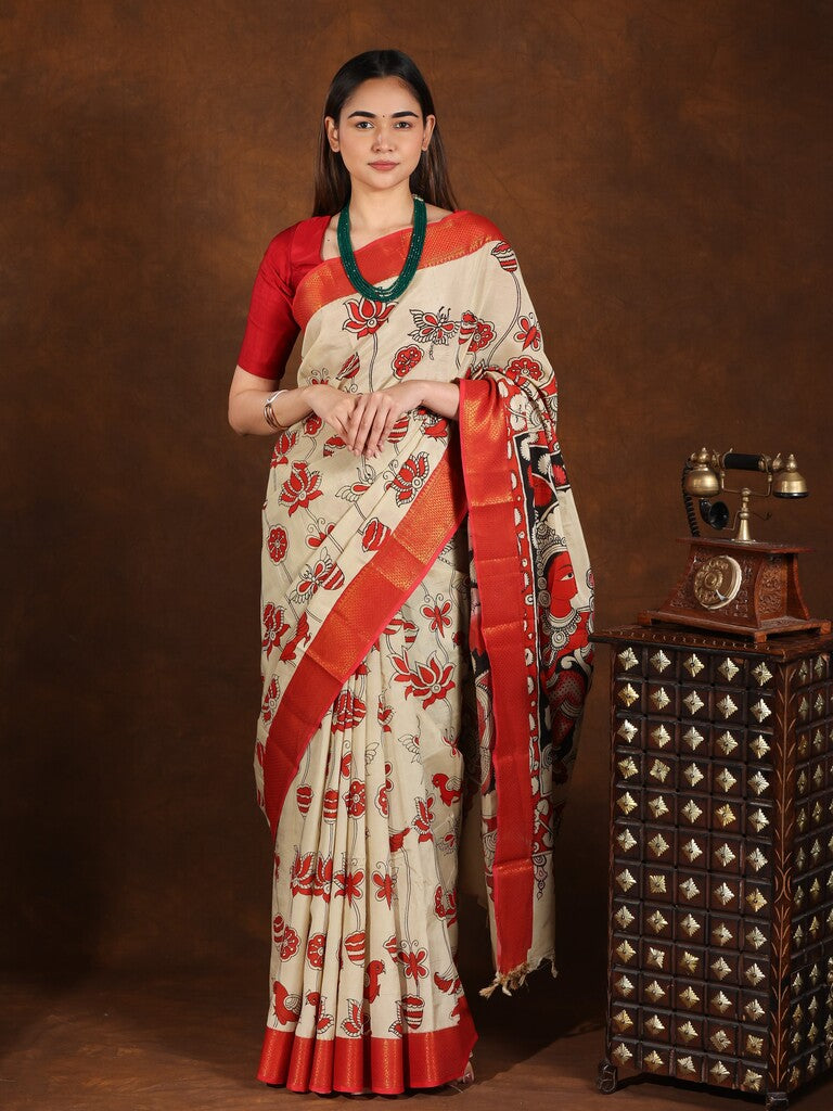 Pen kalamkari pattu saree in cream color with contrast zari border and printed pallu & attached blouse