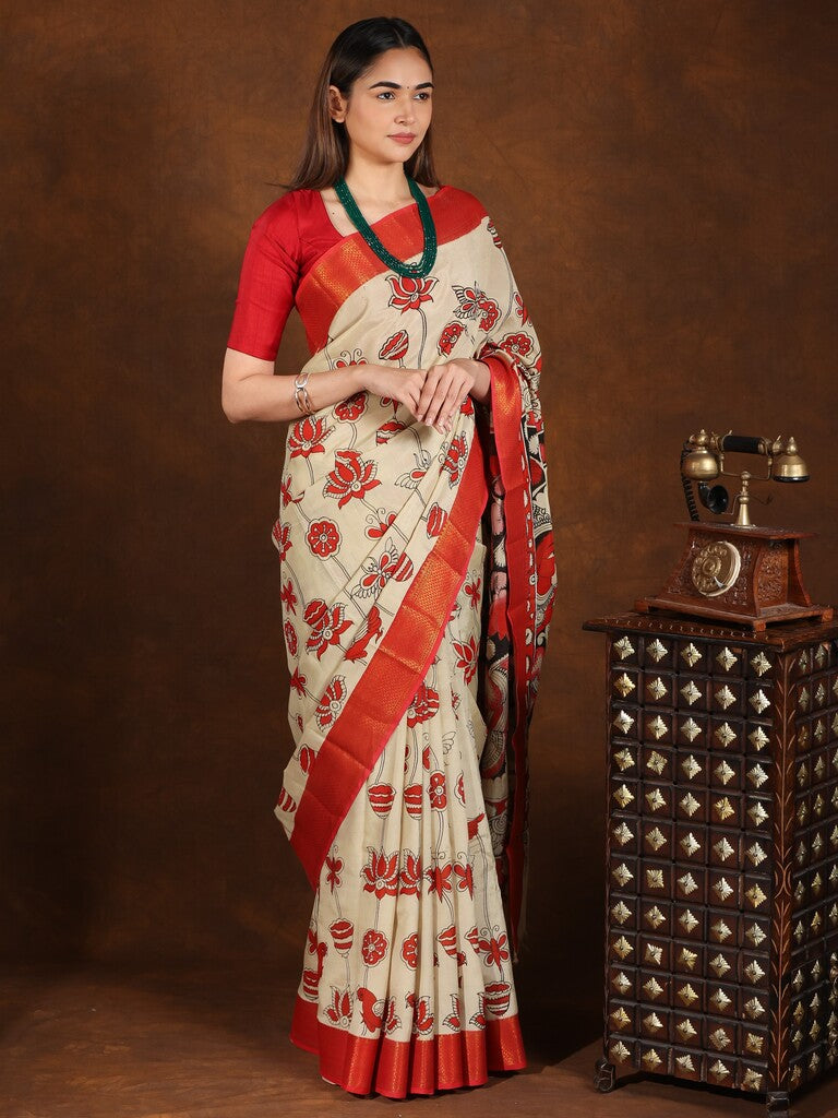 Pen kalamkari pattu saree in cream color with contrast zari border and printed pallu & attached blouse