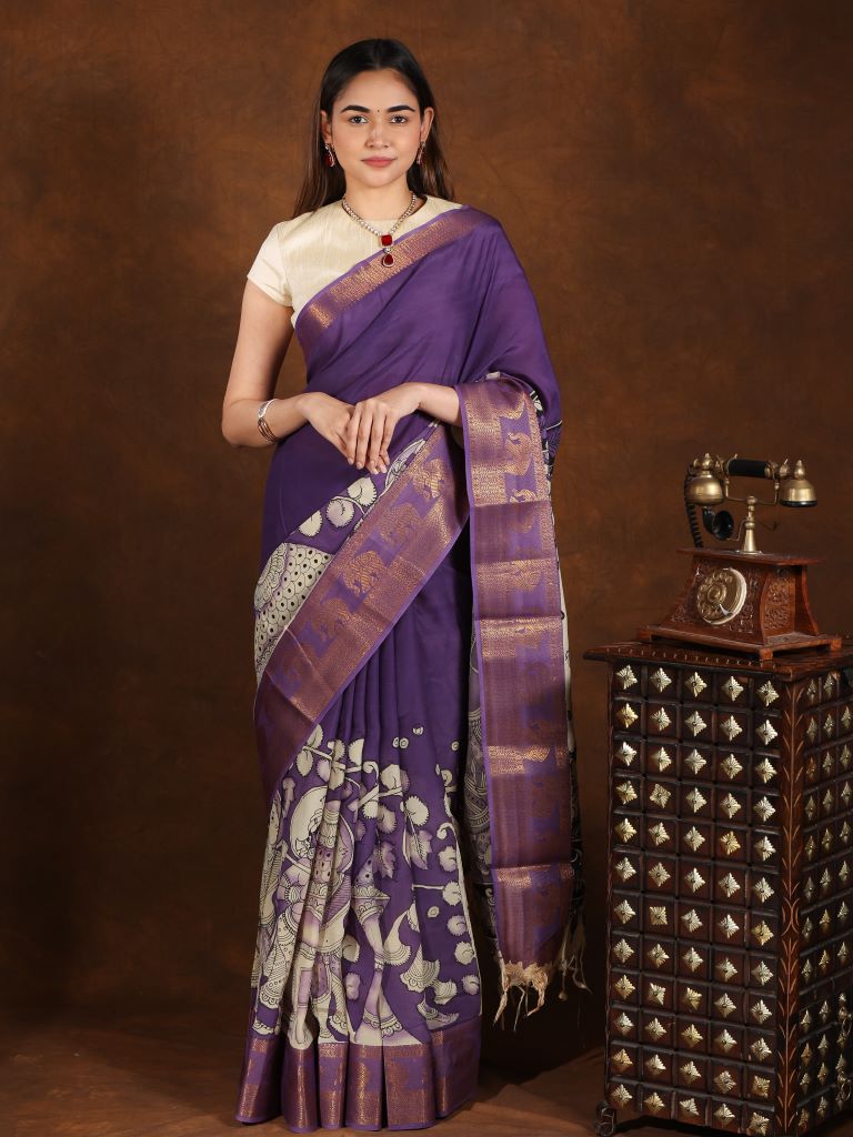 Pen kalamkari pattu saree in navy blue with contrast zari border and printed pallu & attached blouse