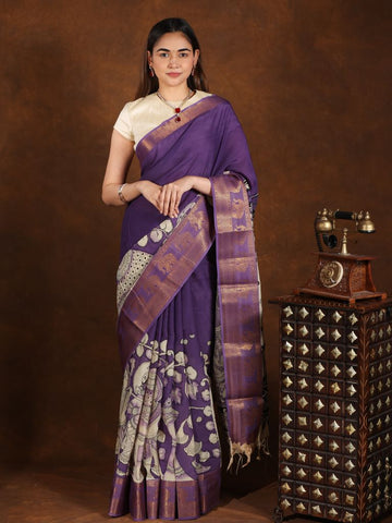 Pen kalamkari pattu saree in navy blue with contrast zari border and printed pallu & attached blouse