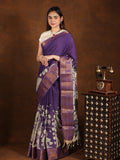 Pen kalamkari pattu saree in navy blue with contrast zari border and printed pallu & attached blouse