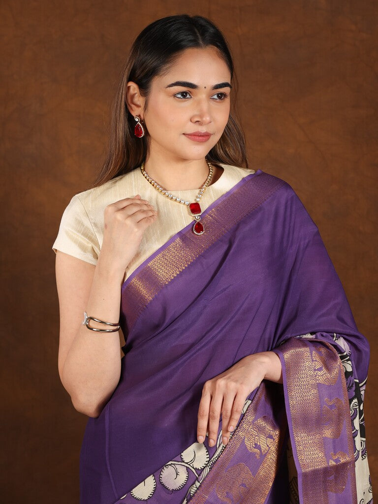 Pen kalamkari pattu saree in navy blue with contrast zari border and printed pallu & attached blouse