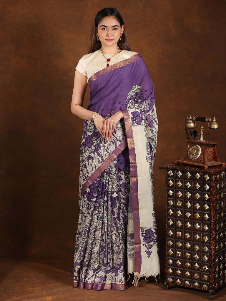 Pen kalamkari pattu saree in blue color with contrast zari border and printed pallu & attached blouse