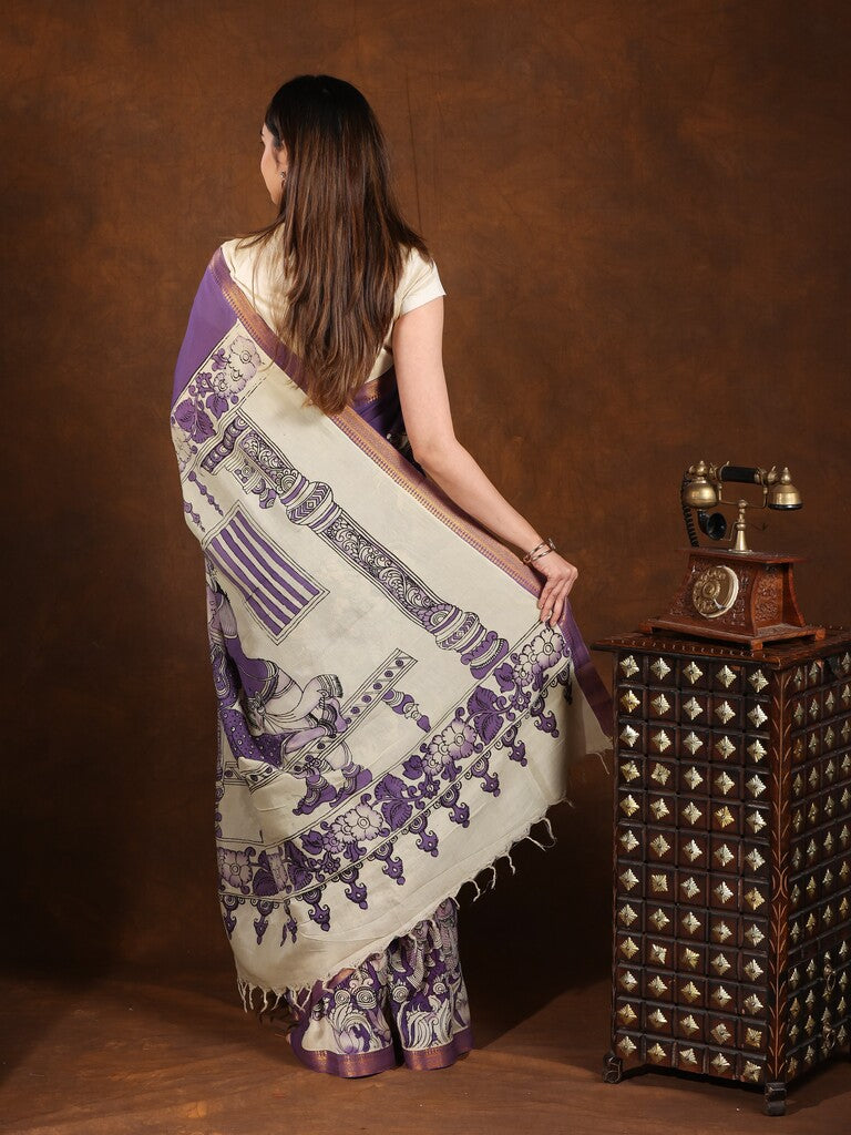 Pen kalamkari pattu saree in blue color with contrast zari border and printed pallu & attached blouse