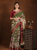 Pen kalamkari pattu saree olive green color with contrast zari border and printed pallu & attached blouse