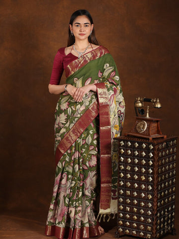 Pen kalamkari pattu saree olive green color with contrast zari border and printed pallu & attached blouse