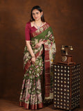 Pen kalamkari pattu saree olive green color with contrast zari border and printed pallu & attached blouse