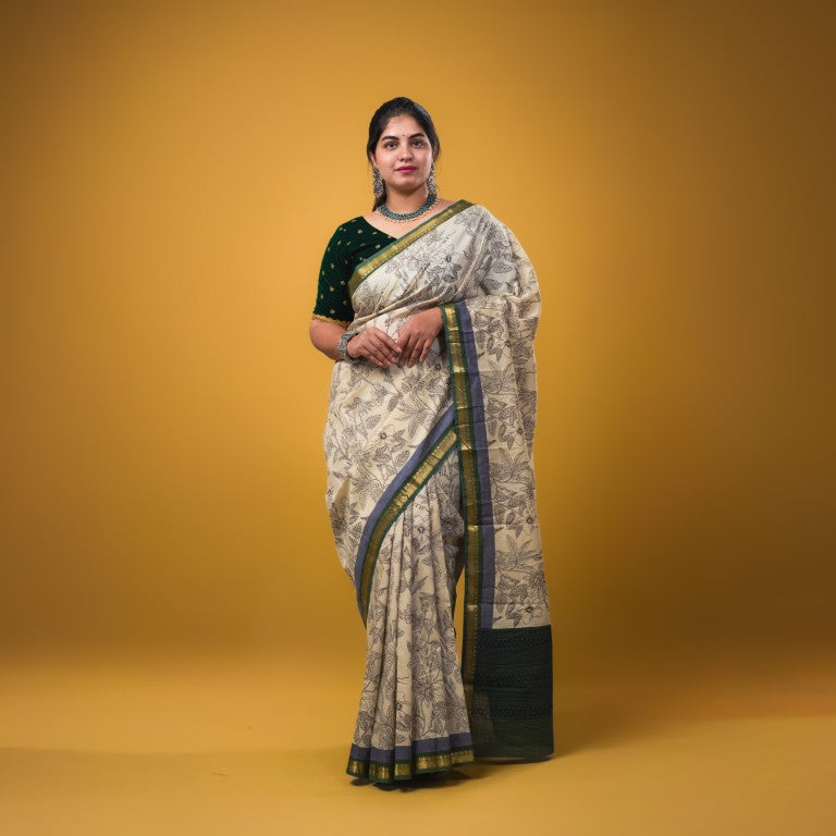 Maheswari fancy saree white color allover prints & zari border with short pallu and plain contrast blouse