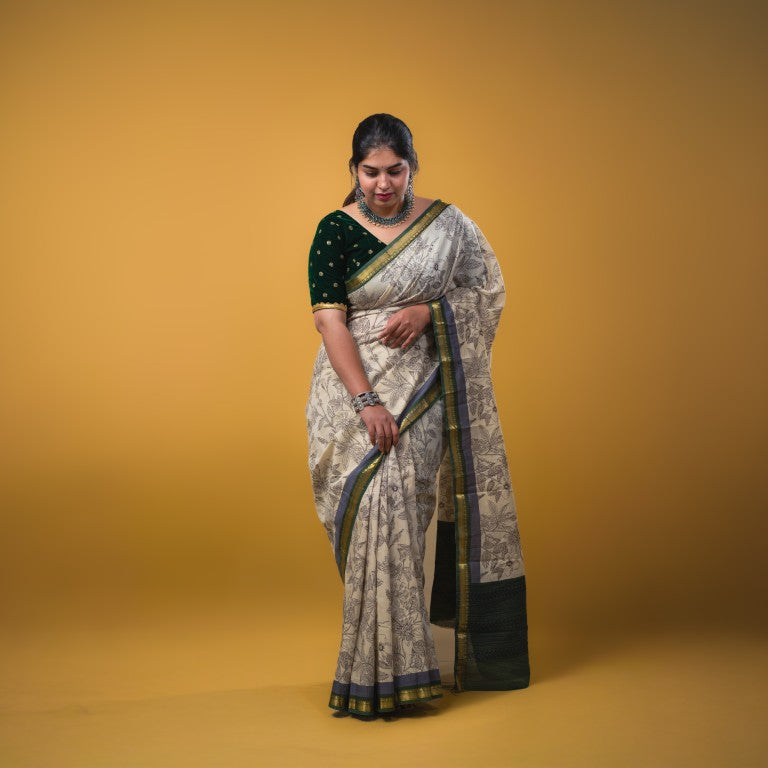 Maheswari fancy saree white color allover prints & zari border with short pallu and plain contrast blouse