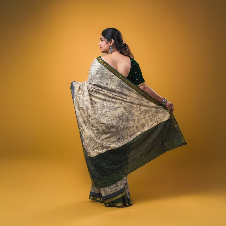 Maheswari fancy saree white color allover prints & zari border with short pallu and plain contrast blouse