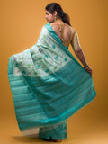 Raw mango pattu saree sea blue color allover zari weaves & zari border with rich pallu and attached plain blouse