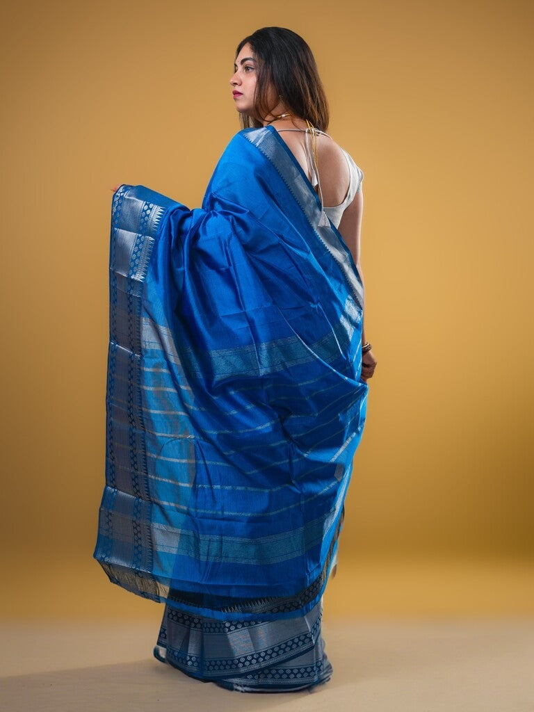 Mangalagiri fancy saree peacock blue color allover plain & zari kanchi border with stripes pallu and self blouse