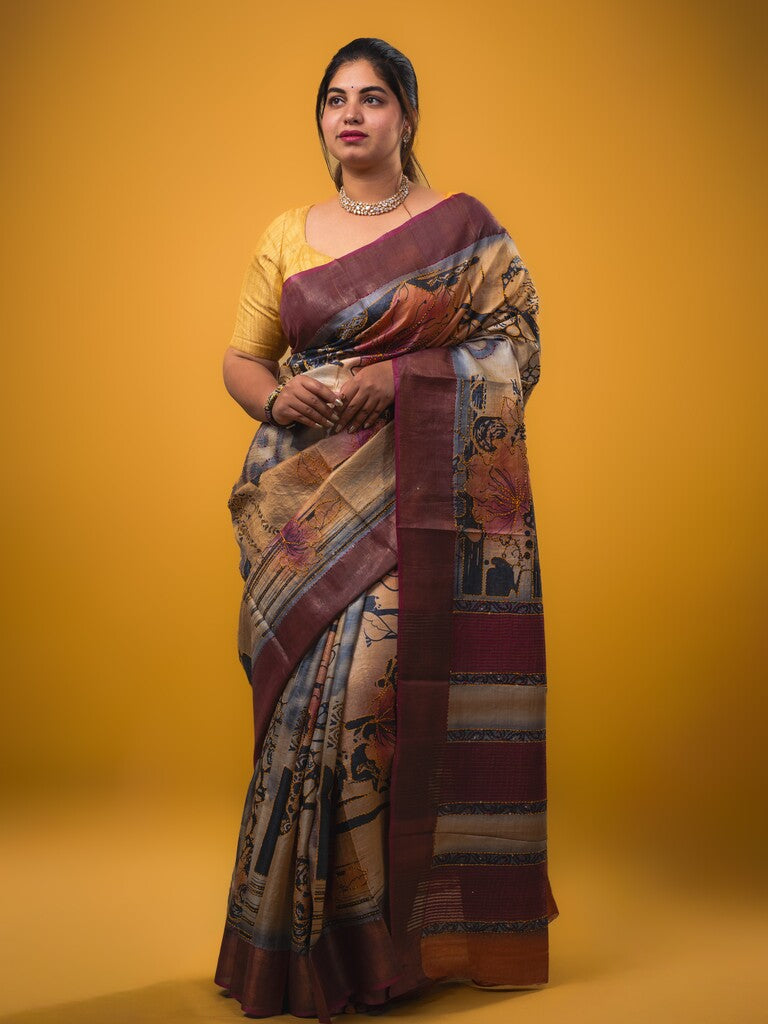 Pure tussar fancy saree half white color allover prints & small kaddi border with contrast pallu and attached plain blouse