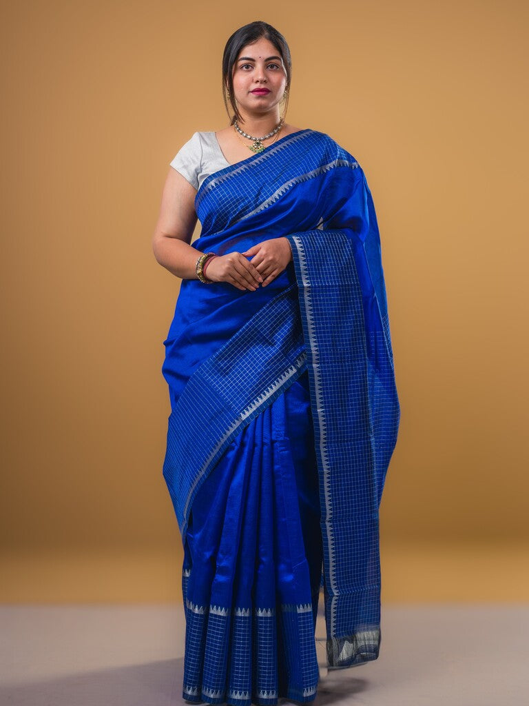 Mangalagiri fancy saree royal blue color allover plain & zari kaddi border with checks pallu and self blouse