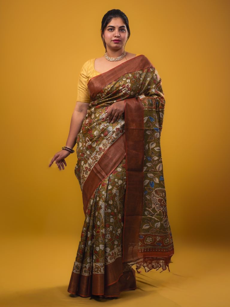 Pure tussar fancy saree mustard yellow color allover prints & small kaddi border with contrast pallu and attached printed blouse