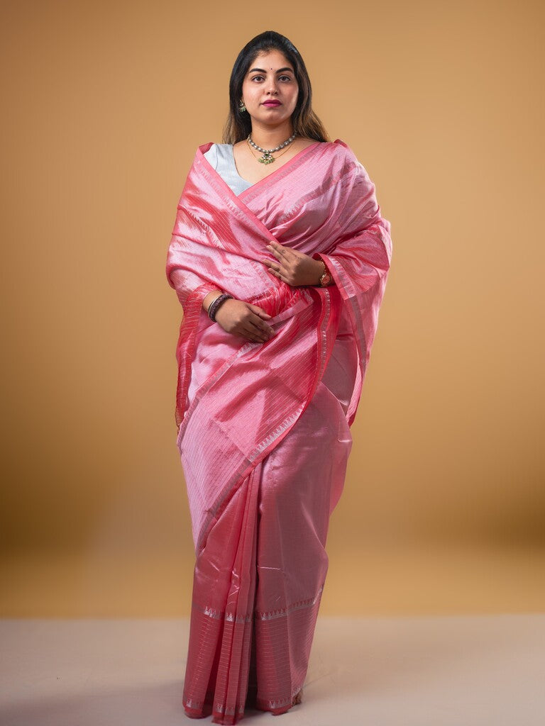 Mangalagiri fancy saree peach color allover plain & zari kaddi border with checks pallu and self blouse