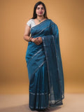 Mangalagiri fancy saree grey color allover plain & zari kaddi border with checks pallu and self blouse