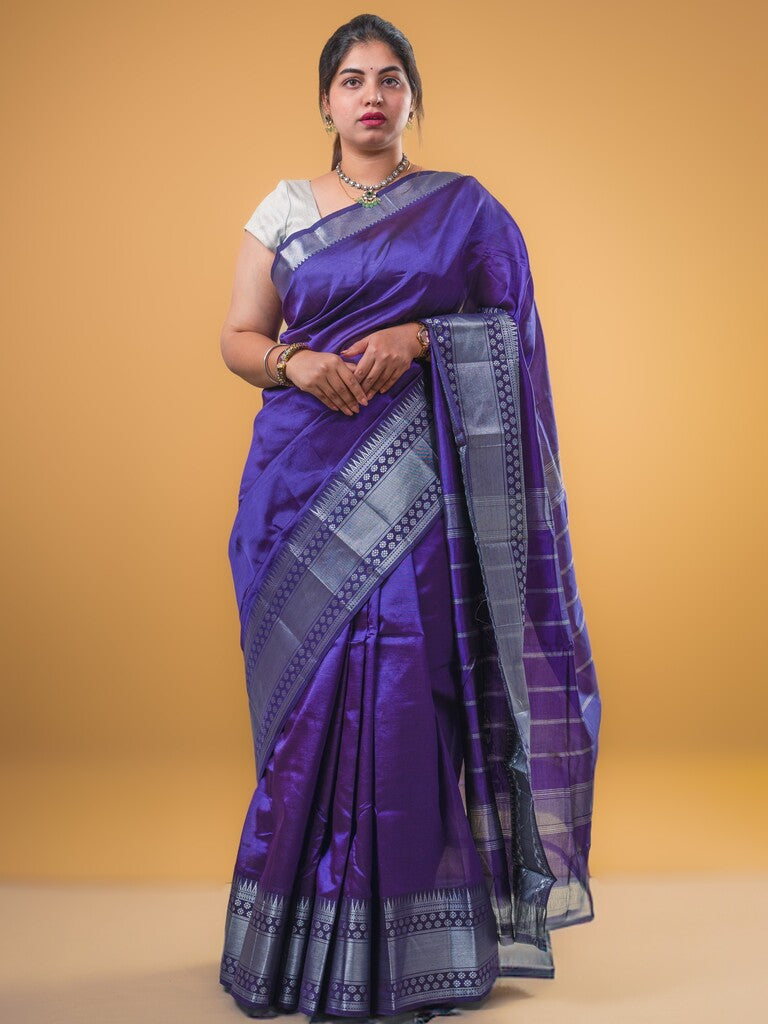 Mangalagiri fancy saree royal blue color allover plain & zari kanchi border with stripes pallu and self blouse