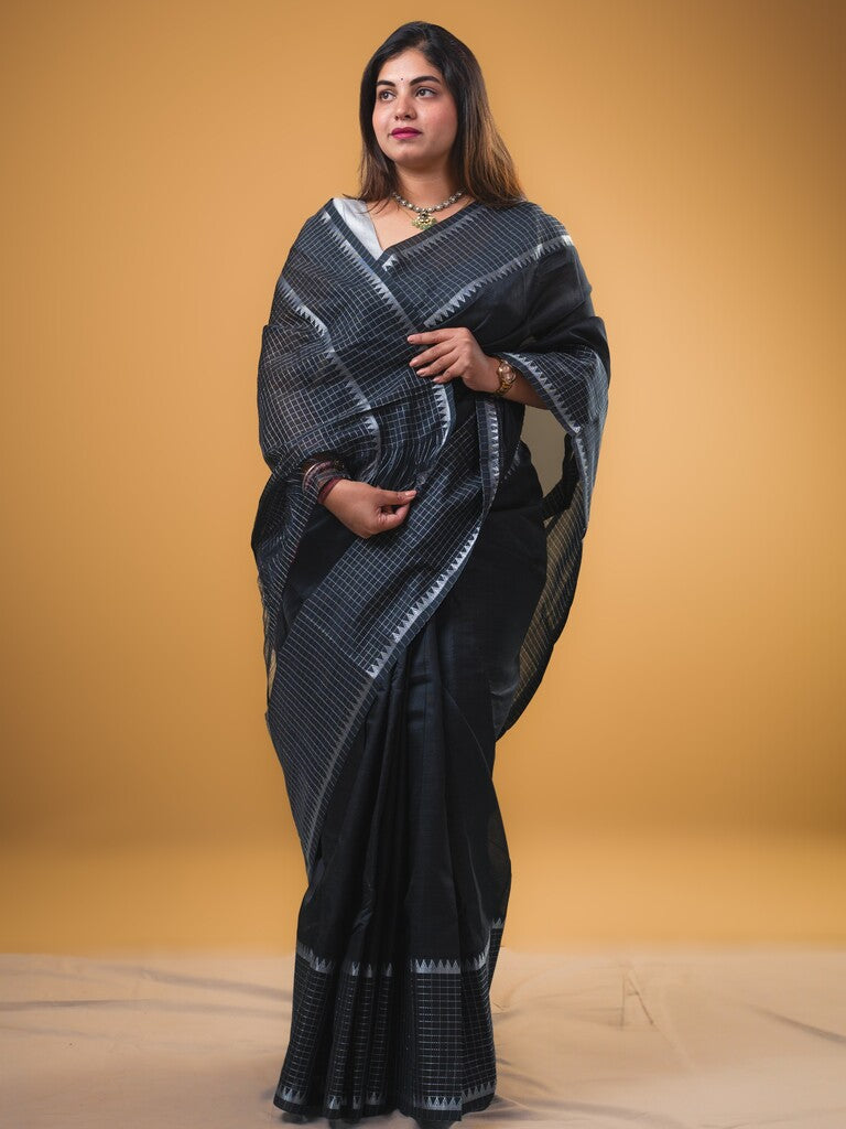 Mangalagiri fancy saree black color allover plain & zari kaddi border with checks pallu and self blouse