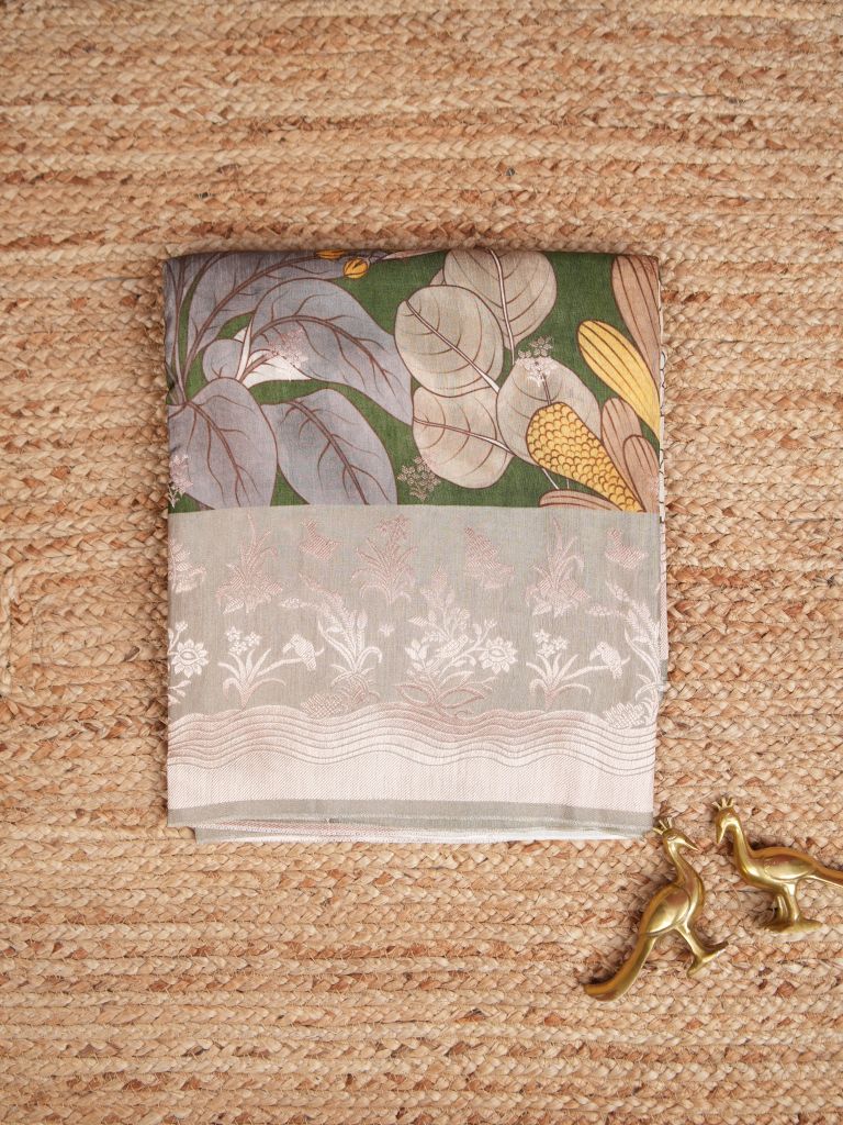 Jute tussar printed fancy saree for women | Green | Party wear | Zari border