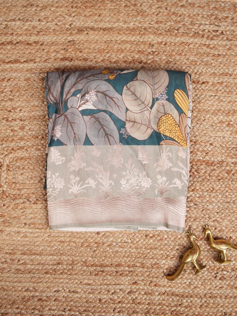 Jute tussar printed fancy saree for women | Green | Party wear | Zari border