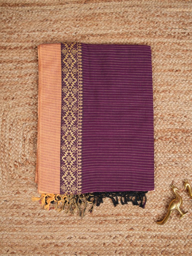 Khadi cotton saree for women | Purple | Weaving border | Running blouse