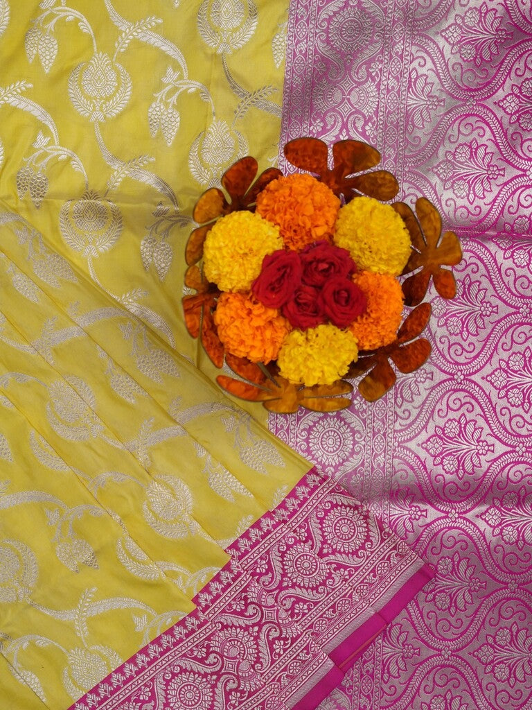 Banaras pattu saree light yellow color allover zari weaves & zari border with rich pallu and attached plain blouse