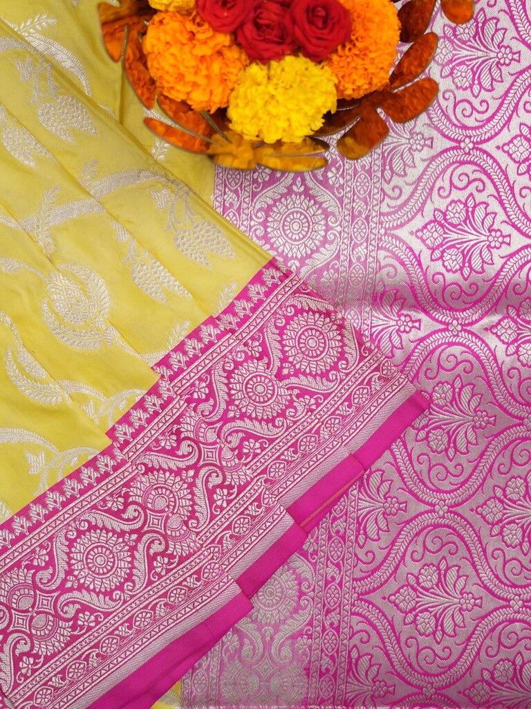 Banaras pattu saree light yellow color allover zari weaves & zari border with rich pallu and attached plain blouse