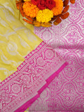 Banaras pattu saree light yellow color allover zari weaves & zari border with rich pallu and attached plain blouse