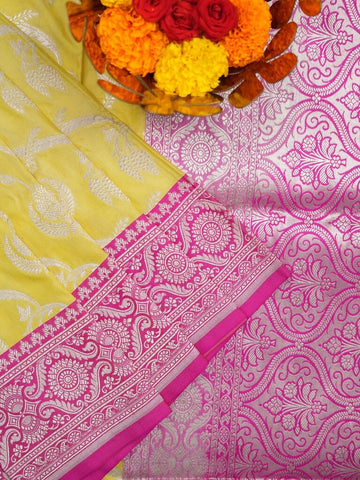 Banaras pattu saree light yellow color allover zari weaves & zari border with rich pallu and attached plain blouse