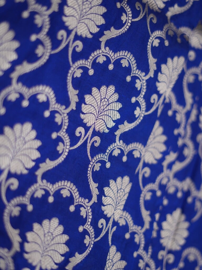Banaras pattu saree royal blue color allover zari weaves & zari border with rich pallu and attached plain blouse