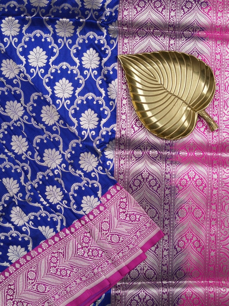 Banaras pattu saree royal blue color allover zari weaves & zari border with rich pallu and attached plain blouse