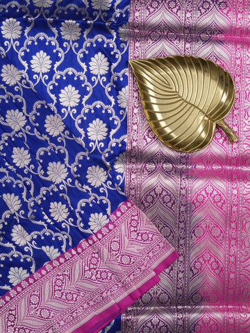 Banaras pattu saree royal blue color allover zari weaves & zari border with rich pallu and attached plain blouse