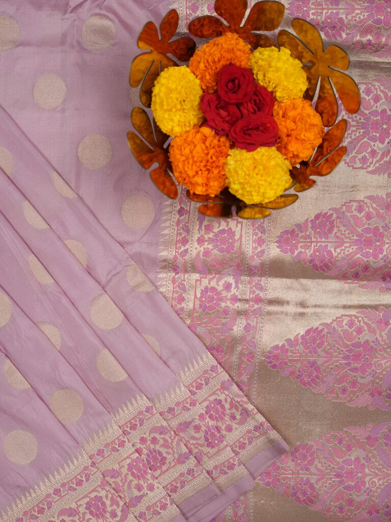Banaras pattu saree pastel purple color allover zari weaves & zari border with rich pallu and attached plain blouse