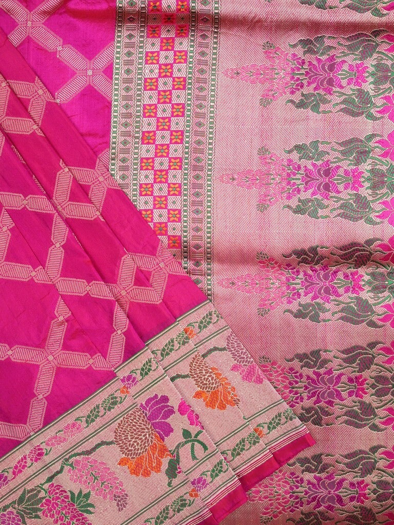 Banaras pattu saree rani pink color allover zari weaves & zari border with rich pallu and attached plain blouse