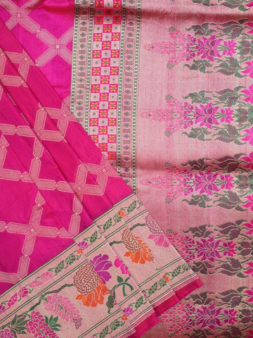 Banaras pattu saree rani pink color allover zari weaves & zari border with rich pallu and attached plain blouse