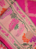 Banaras pattu saree rani pink color allover zari weaves & zari border with rich pallu and attached plain blouse