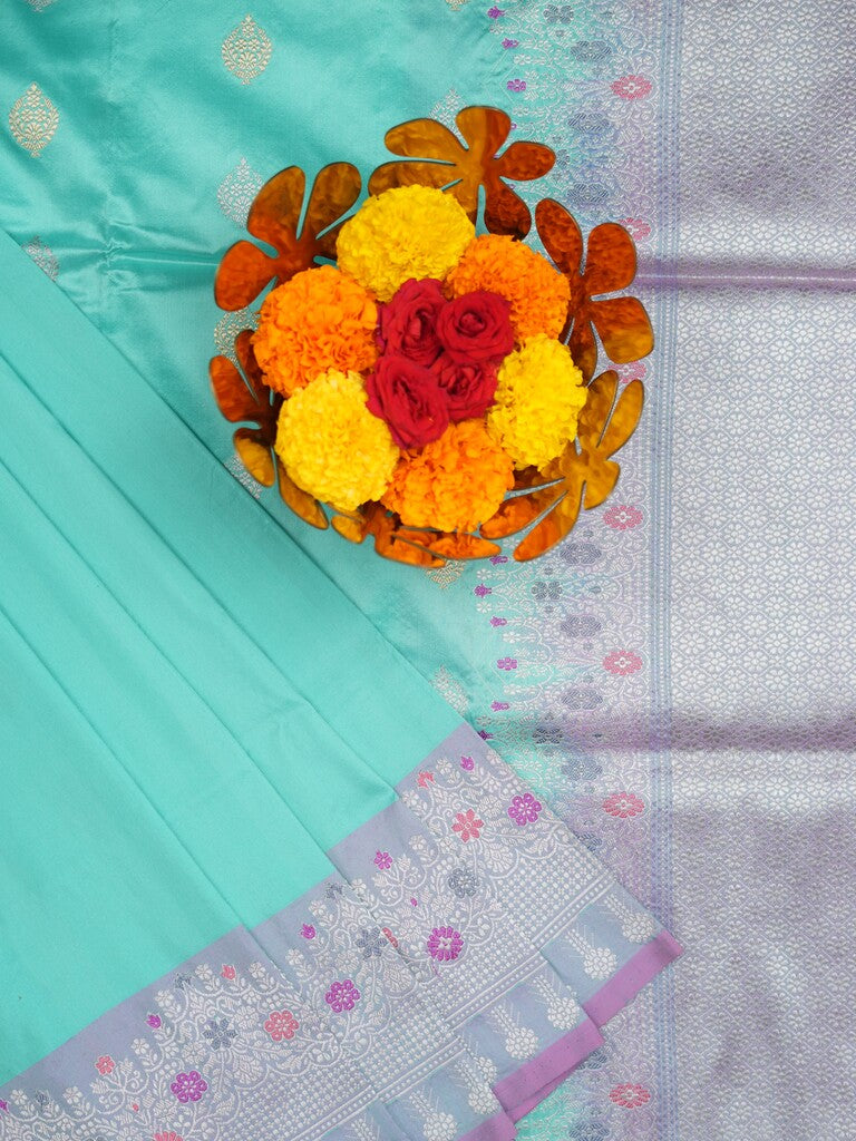 Banaras pattu saree sky blue color allover zari motifs & zari border with rich pallu and contrast plain blouse