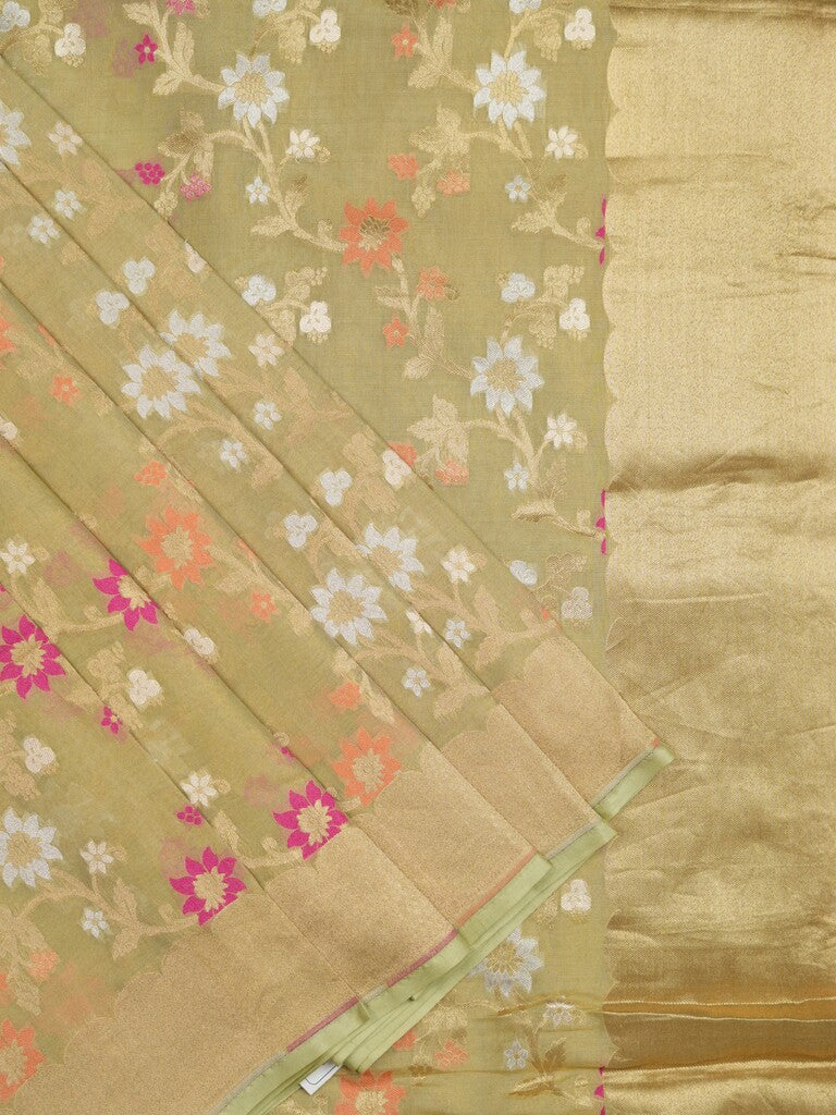 Banaras tissue pattu saree dark beige color allover zari weaves & zari border with rich pallu and attached plain blouse