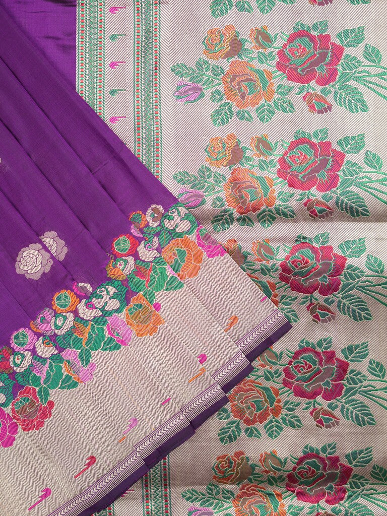 Banaras pattu saree violet color allover zari weaves & zari border with rich pallu and attached plain blouse