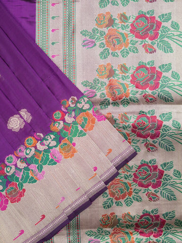 Banaras pattu saree violet color allover zari weaves & zari border with rich pallu and attached plain blouse