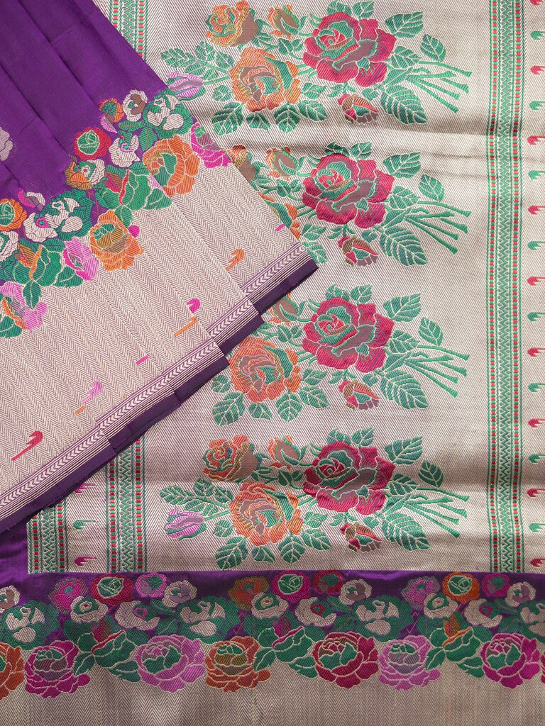 Banaras pattu saree violet color allover zari weaves & zari border with rich pallu and attached plain blouse
