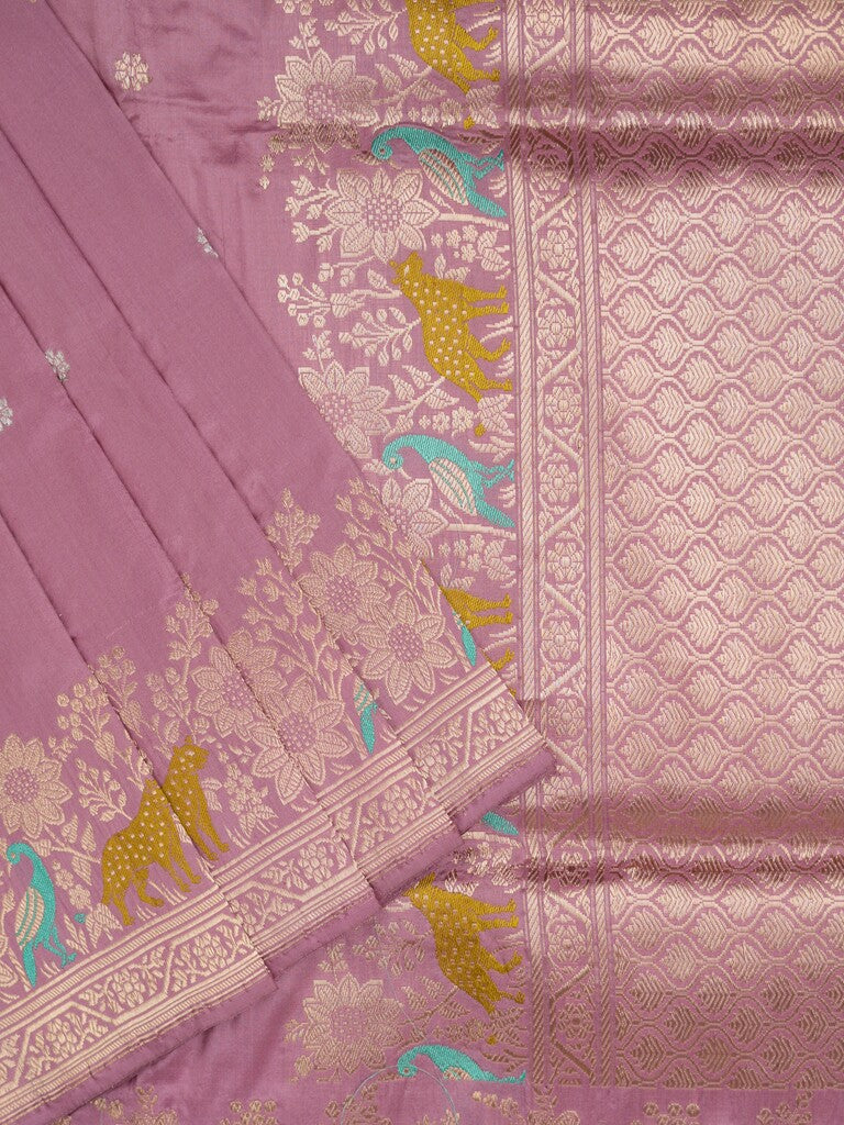 Banaras pattu saree light purple color allover zari weaves & zari border with rich pallu and attached plain blouse