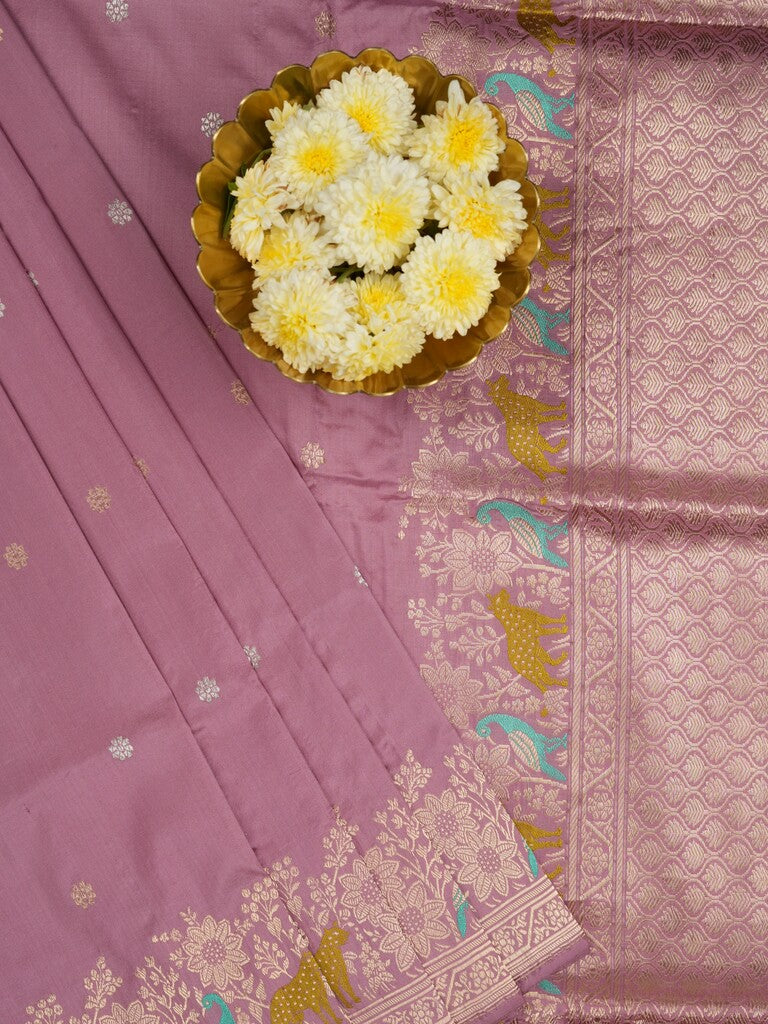 Banaras pattu saree light purple color allover zari weaves & zari border with rich pallu and attached plain blouse