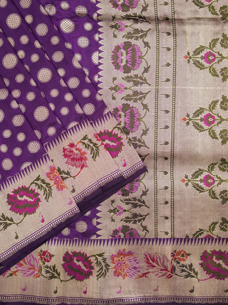 Banaras pattu saree violet color allover zari weaves & zari border with rich pallu and attached plain blouse