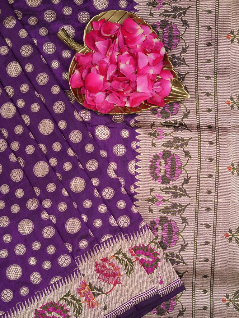 Banaras pattu saree violet color allover zari weaves & zari border with rich pallu and attached plain blouse