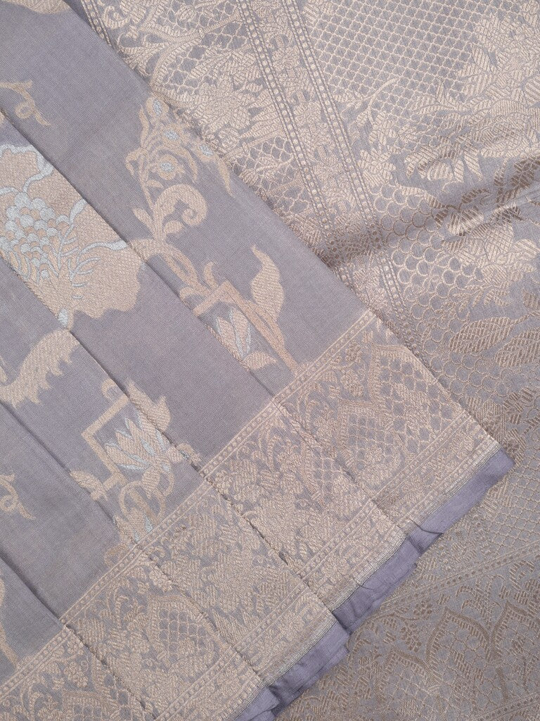 Banaras pattu saree grey color allover zari weaves & zari border with rich pallu and attached plain blouse