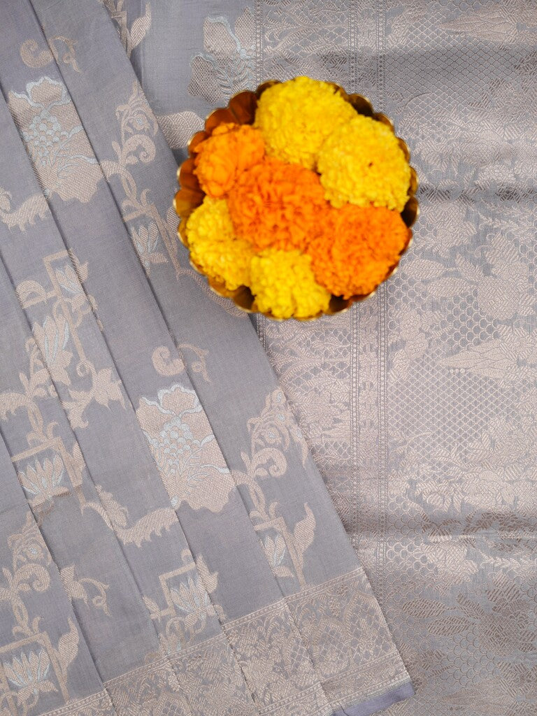 Banaras pattu saree grey color allover zari weaves & zari border with rich pallu and attached plain blouse