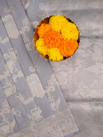 Banaras pattu saree grey color allover zari weaves & zari border with rich pallu and attached plain blouse