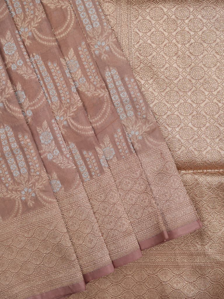 Banaras tissue pattu saree beige color allover zari weaves & zari border with rich pallu and attached plain blouse